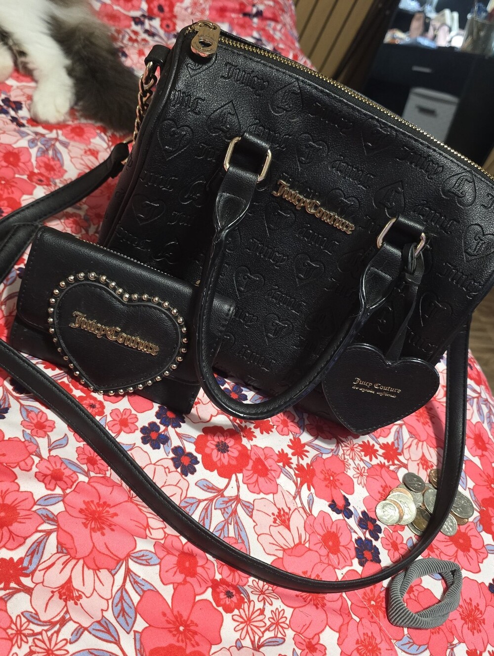 Juicy Couture Black Embossed Heart Tote with Matching Heart Charm & Wallet